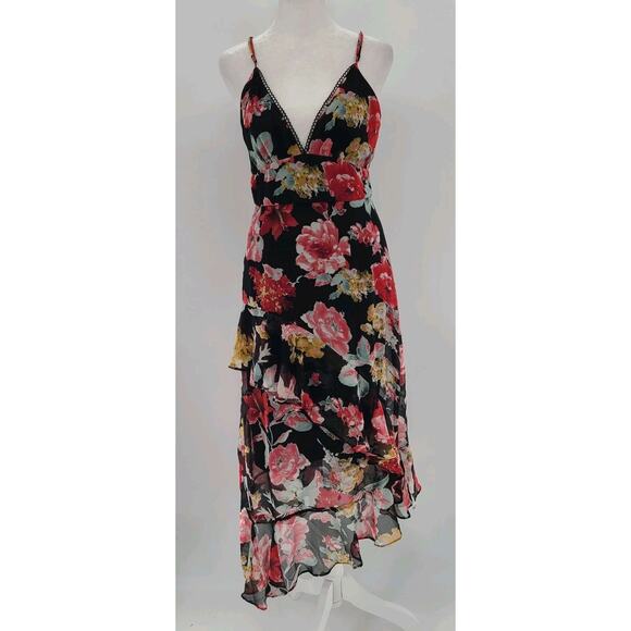 Y2K Babydoll Fairygoth Maxi Dress Small Plunge Sheer Floral Asymmetrical Lace - Picture 1 of 14